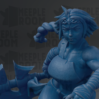 A close-up of a blue, 3D-rendered character with a determined expression, holding a weapon.