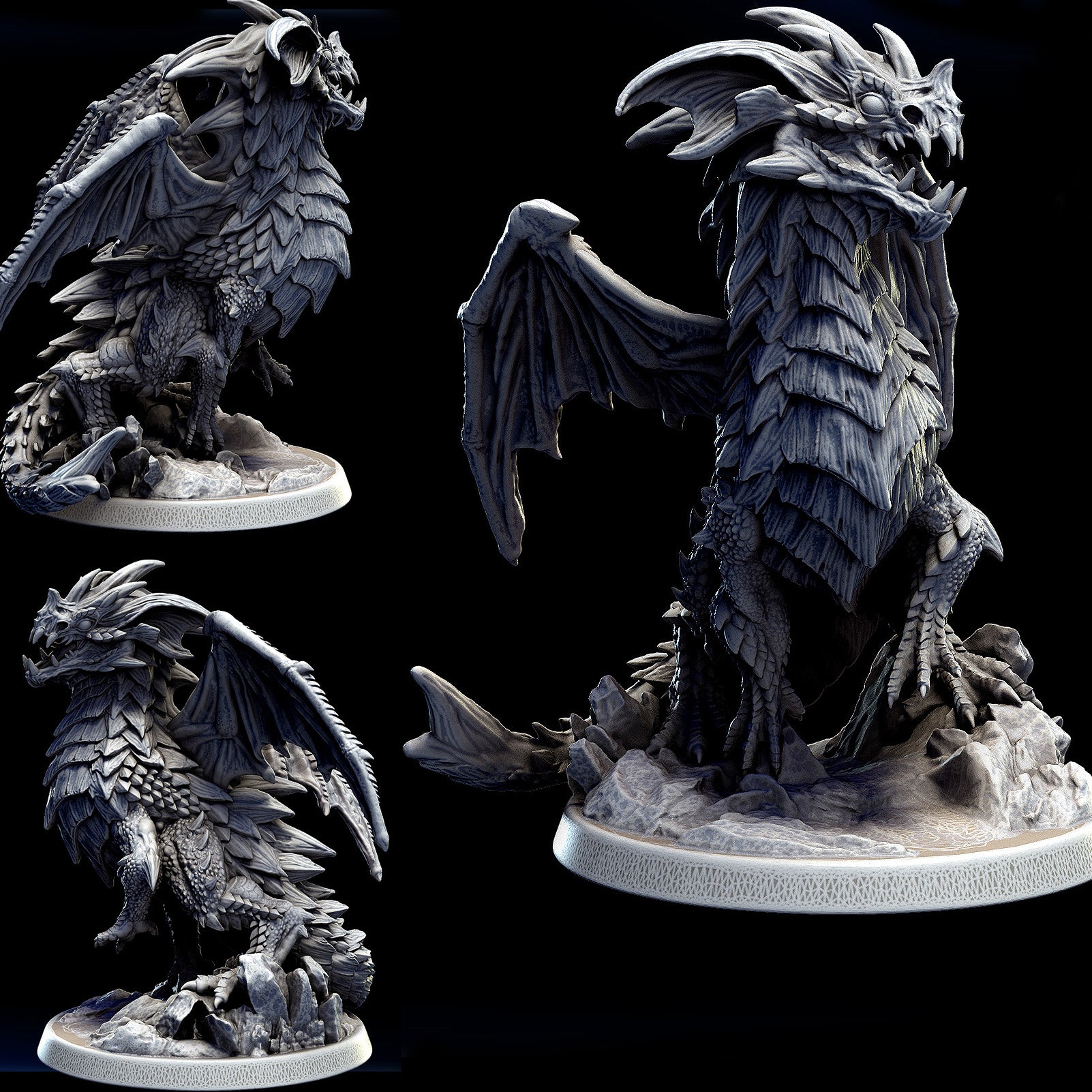 A 3D rendering of a detailed, intricate dragon statue with a fierce expression and sharp teeth.