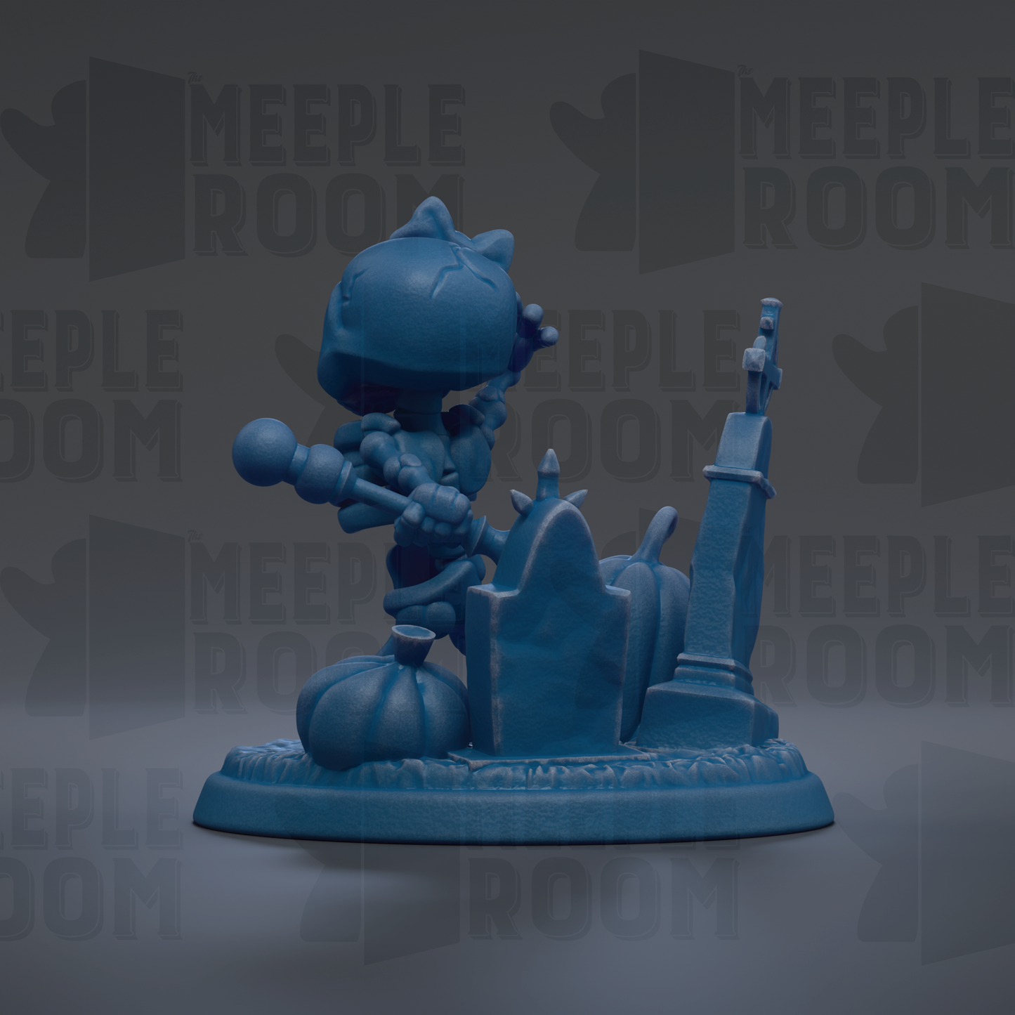 A blue figurine of a character with a bow stands on a pedestal, surrounded by a graveyard-like setting with tombstones and a gravestone.