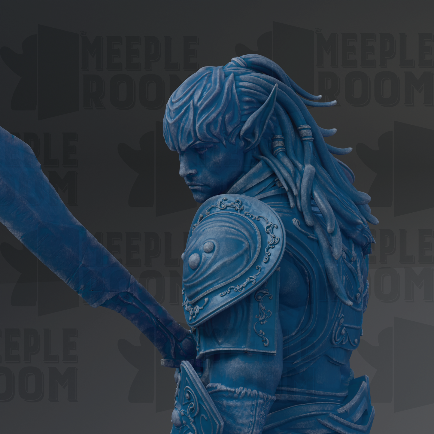 A blue statue of a warrior figure with intricate armor and a determined expression, standing in a dark background with the text "MEEPLE ROOM" repeated multiple times.