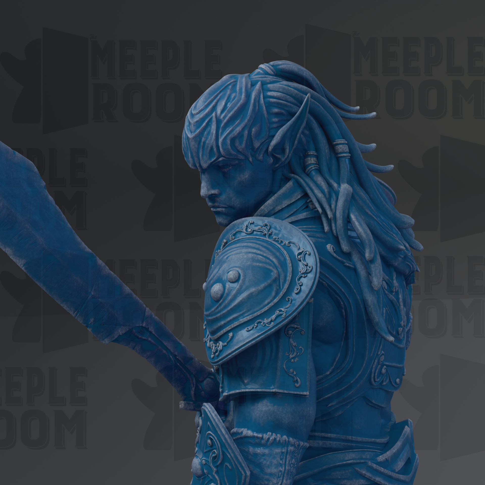 A blue statue of a warrior figure with intricate armor and a determined expression, standing in a dark background with the text "MEEPLE ROOM" repeated multiple times.
