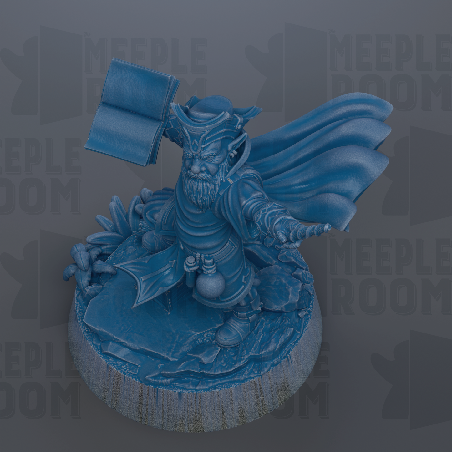 A blue figurine of a character with a beard and a cape, standing on a base and holding a book.