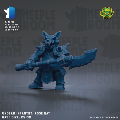 a blue armored figure holding a large sword, with the text "UNDEAD INFRANTRY, POSE RAT BASE SIZE: 25MM" and "Sculpted by dice heads" indicating that the image is a 3D model of a character from the video game Meeple Heroes.