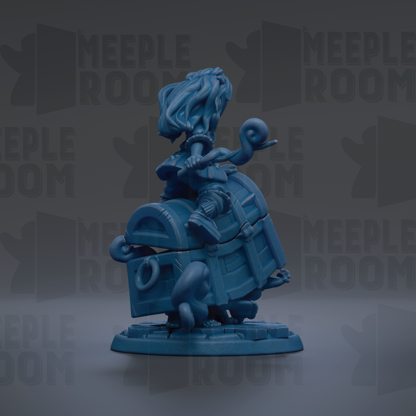 A blue figurine of a person sitting on a chest, with the word "MEUPLE ROOM" repeated in the background.