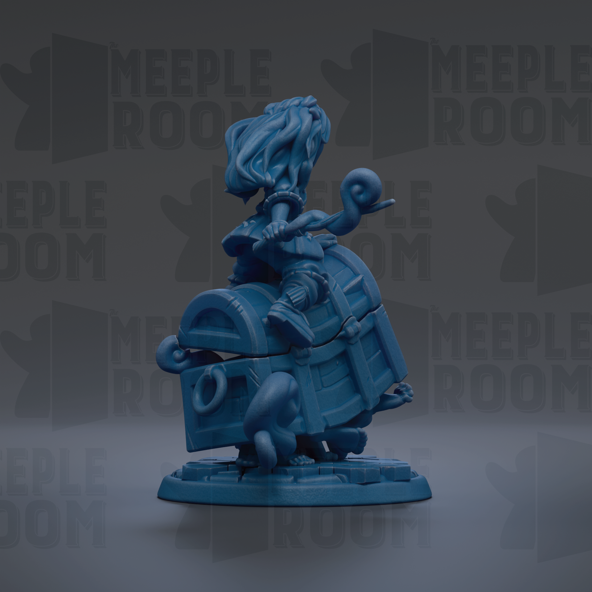 A blue figurine of a person sitting on a chest, with the word "MEUPLE ROOM" repeated in the background.