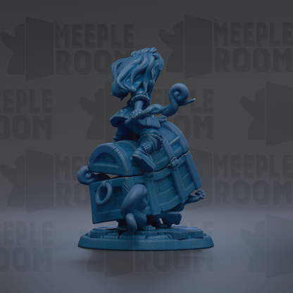 A blue figurine of a person sitting on a chest, with the word "MEUPLE ROOM" repeated in the background.