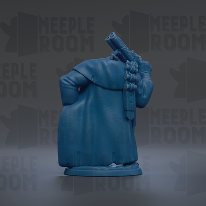 A blue figurine of a person holding a gun, standing against a dark background with repeated text.