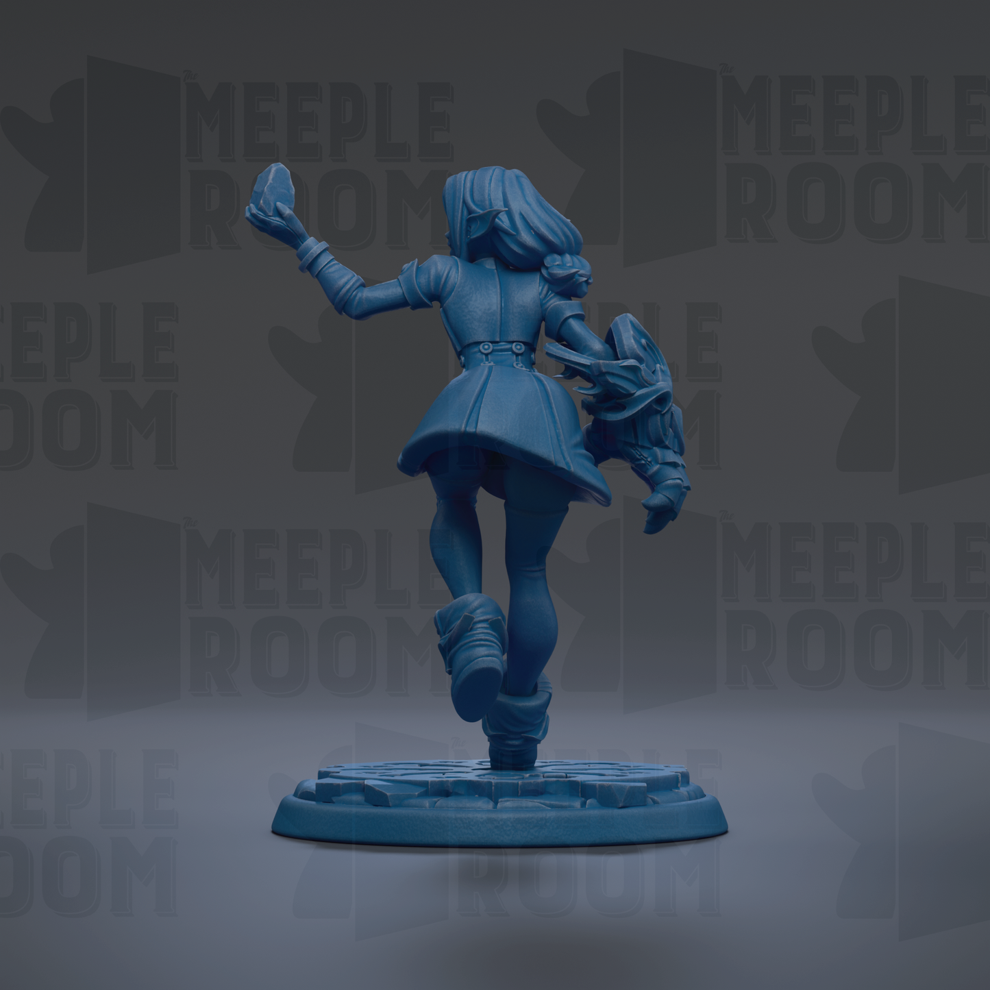 A blue figurine of a person standing on a platform, with the text "MEUPLE ROOM" repeated in the background.