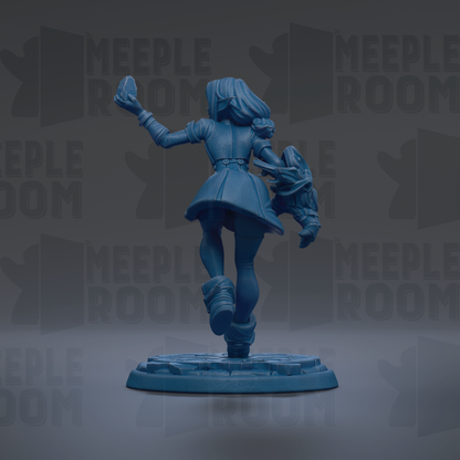 A blue figurine of a person standing on a platform, with the text "MEUPLE ROOM" repeated in the background.