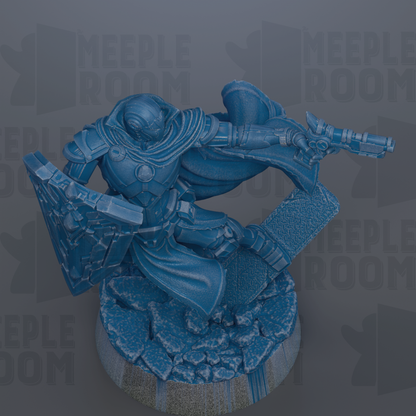 A 3D rendering of a blue armored figure, possibly a warrior or knight, in an action pose, with a shield and sword in hand.