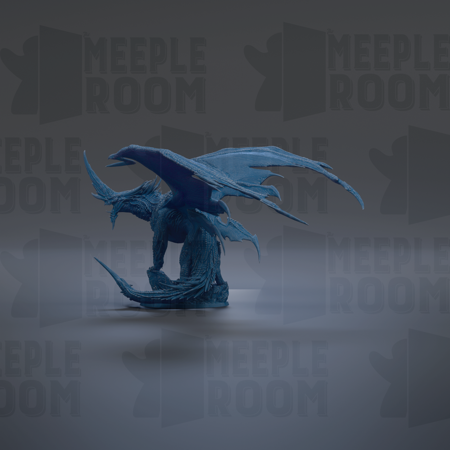 A blue dragon statue with wings spread, standing on a gray surface against a dark background with repeated text.