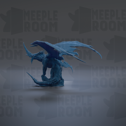 A blue dragon statue with wings spread, standing on a gray surface against a dark background with repeated text.