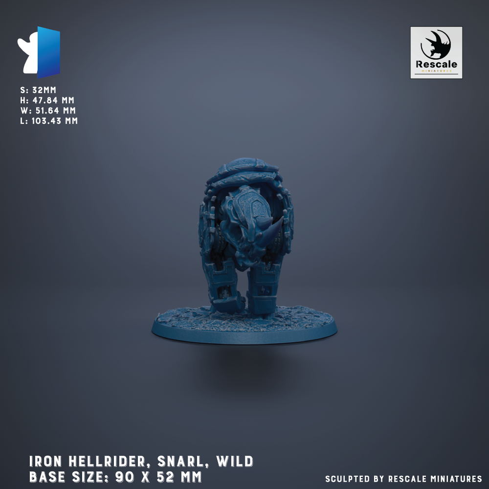 a 3D model of an Iron Hellrider Snarl, a Wild character from the video game series "Wild". The model is shown in a 3D rendering against a dark background. The base size of the model is 90 x 52 mm. The image is a 3D rendering of the Iron Hellrider Snarl, and it is sculpted by Rescale miniatures.