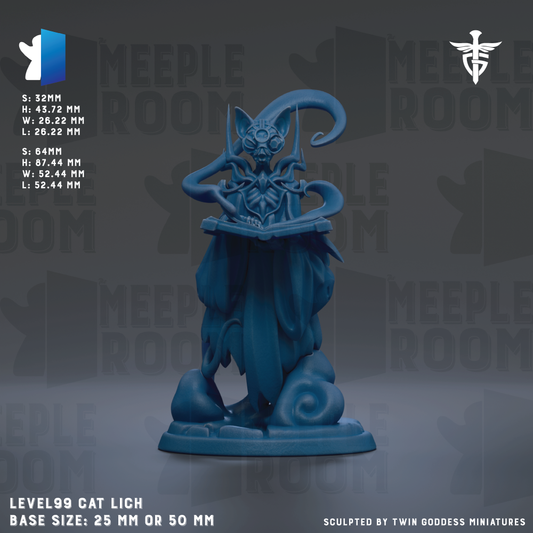The image is a 3D rendering of a blue figurine of a cat with a long, flowing tail. The figurine is described as a "level99" and is shown in various sizes, including 25mm and 50mm. The image is a collage of multiple images, and it is described as being "sculpted by Twin Goddess miniatures".