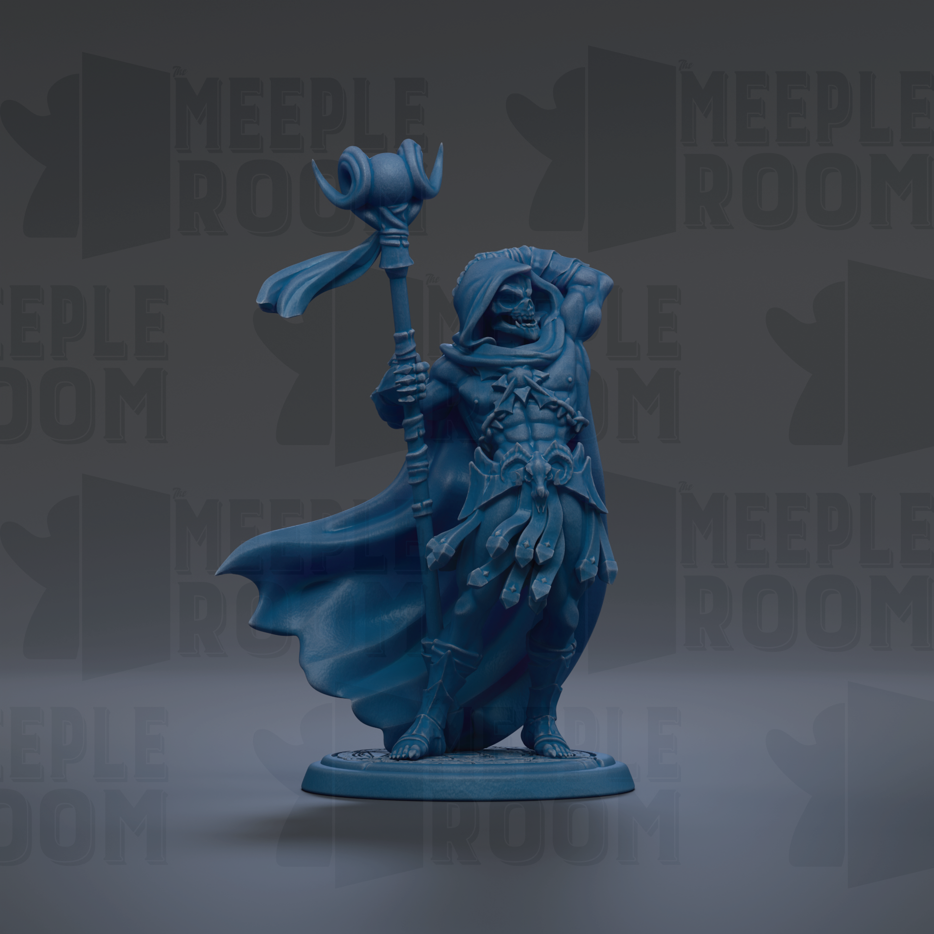 A blue figurine of a figure holding a staff and a staff-like object, standing against a dark background with repeated text.