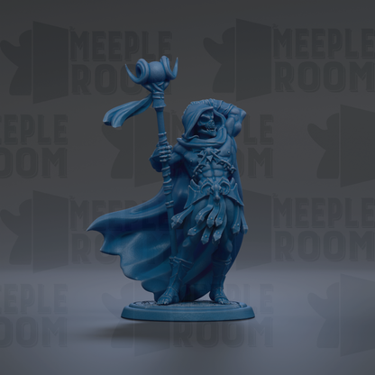A blue figurine of a figure holding a staff and a staff-like object, standing against a dark background with repeated text.