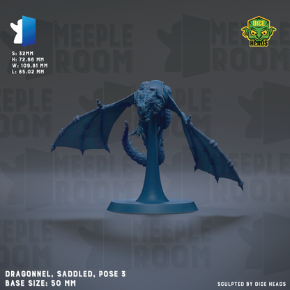 The image is a 3D rendering of a dragon figurine, specifically a Saddled pose, with wings spread out. The dragon is positioned on a base that is 50mm in diameter. The background of the image is a dark gray color, and there are repeated instances of the word "MEIPLE ROOM" in the background.