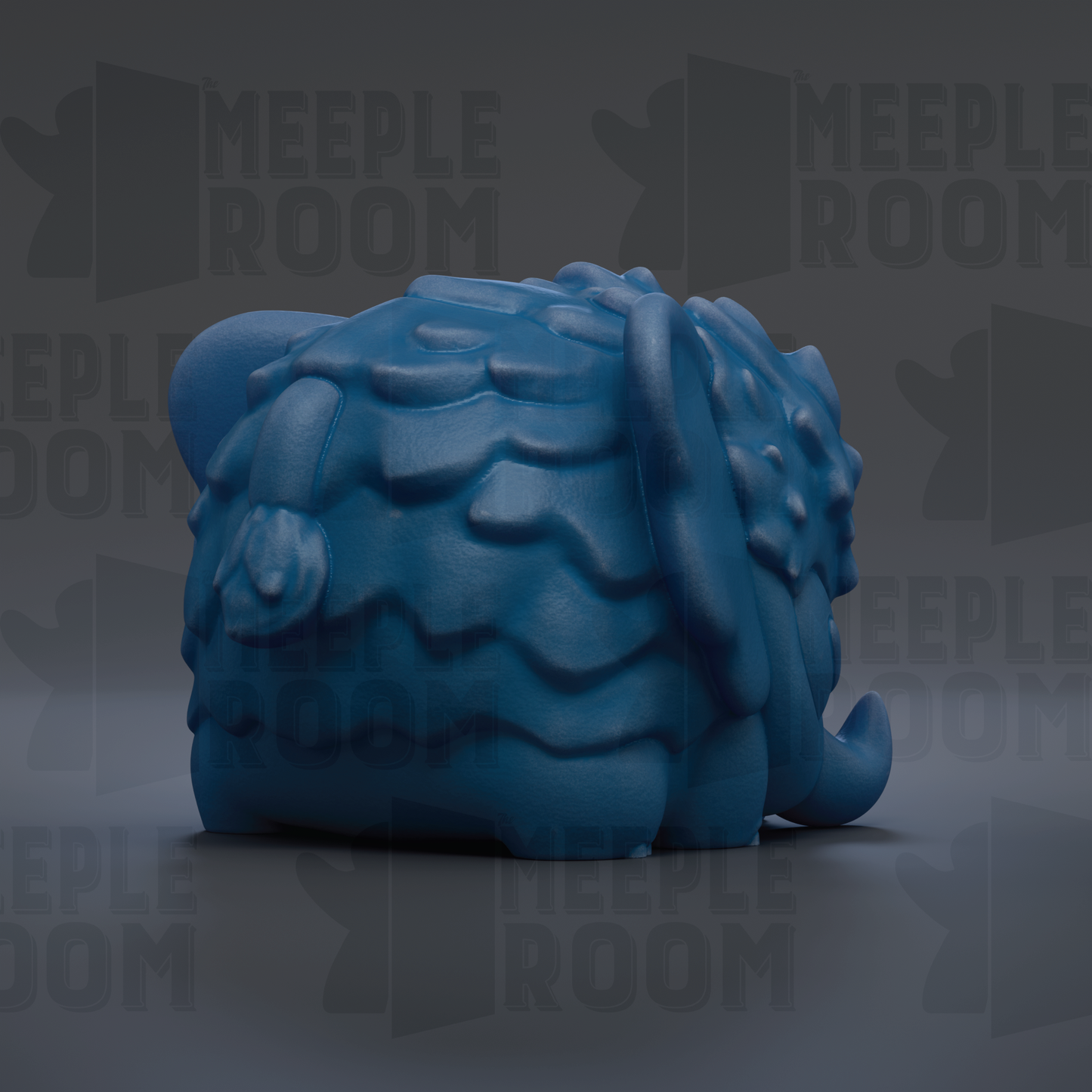 A blue, wavy-textured toy or figurine is shown against a dark background with repeated text.