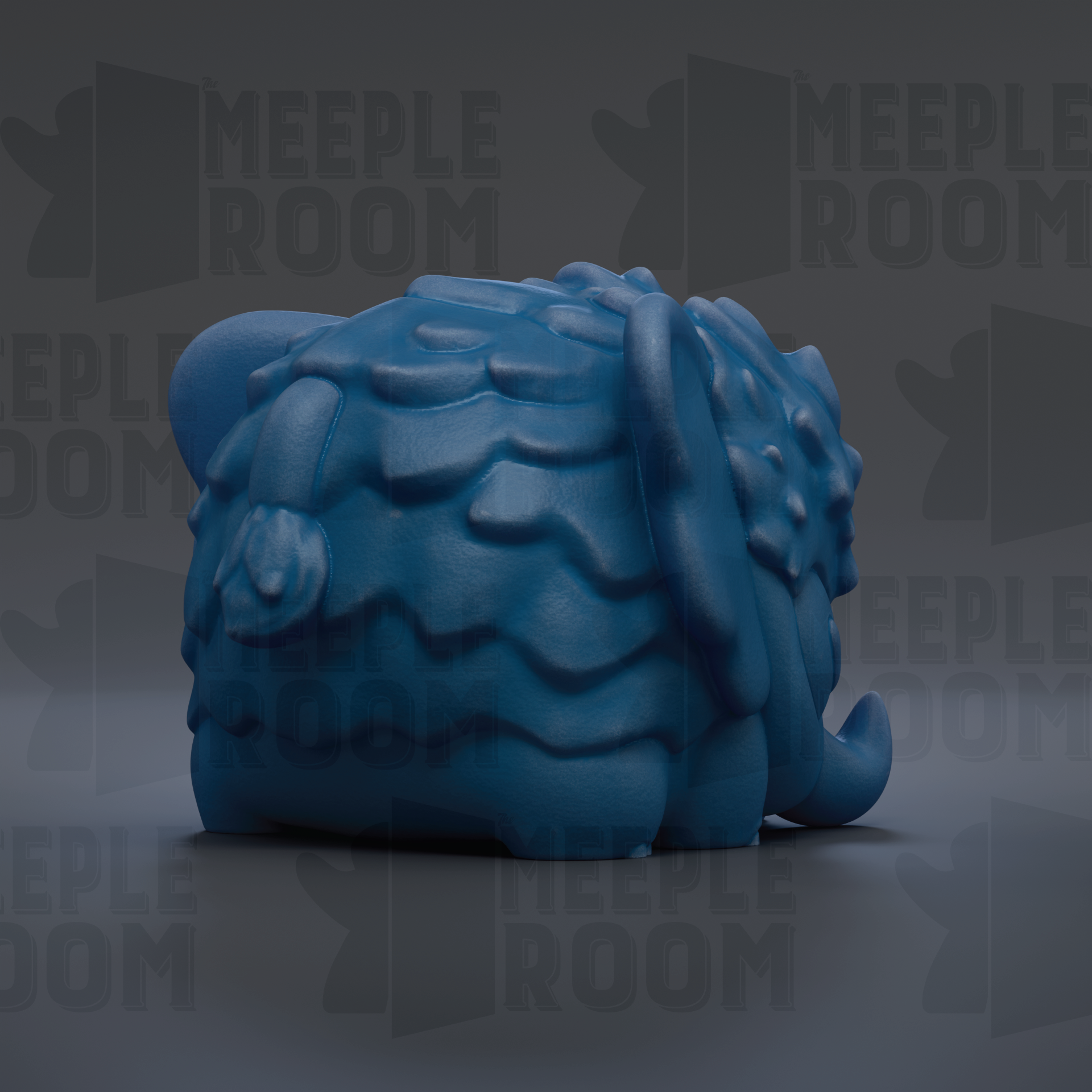 A blue, wavy-textured toy or figurine is shown against a dark background with repeated text.