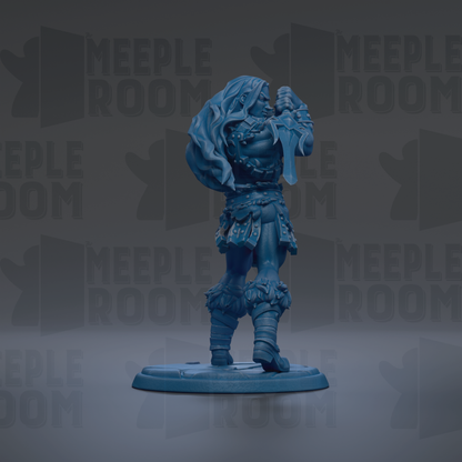 A blue figurine of a warrior standing on a base, with the text "MEUPLE ROOM" repeated in the background.
