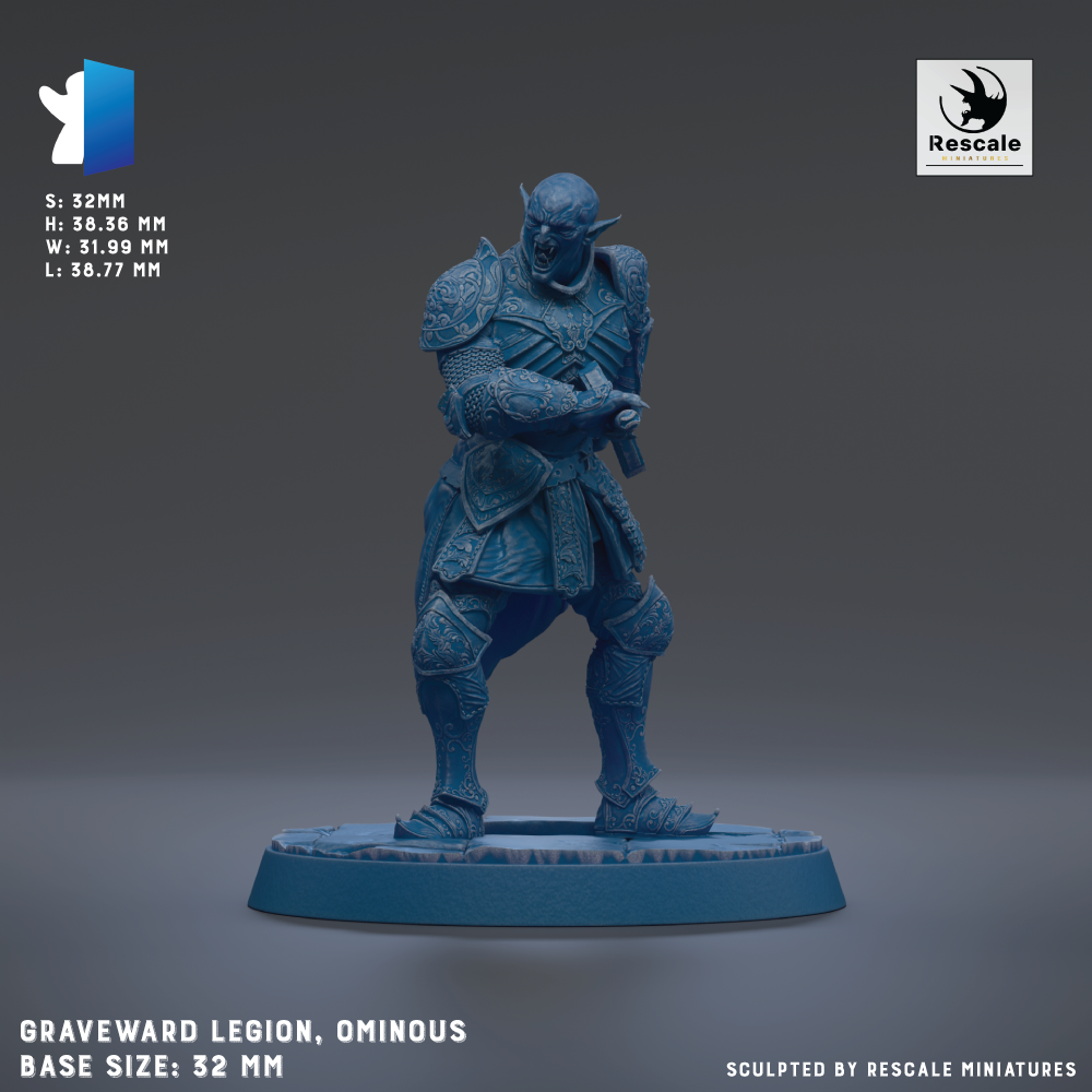 a figurine of a warrior standing on a base, wearing a blue outfit with intricate designs. The figurine is shown in a dynamic pose, with one arm raised and the other bent at the elbow. The base size of the figurine is 32mm.