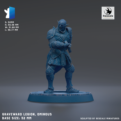 a figurine of a warrior standing on a base, wearing a blue outfit with intricate designs. The figurine is shown in a dynamic pose, with one arm raised and the other bent at the elbow. The base size of the figurine is 32mm.