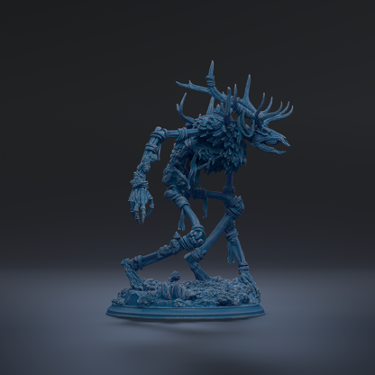 A 3D rendering of a blue, fantastical creature with intricate, detailed features and a menacing expression, standing on a base against a dark background.