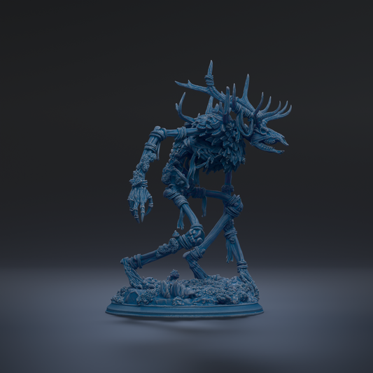 A 3D rendering of a blue, fantastical creature with intricate, detailed features and a menacing expression, standing on a base against a dark background.