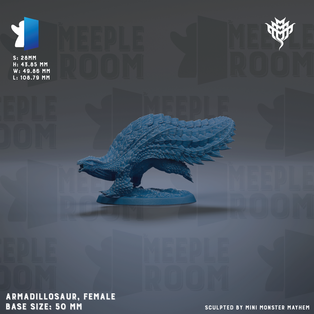 a female Armadilloaur figurine, a type of mythical creature, with a base size of 50mm.