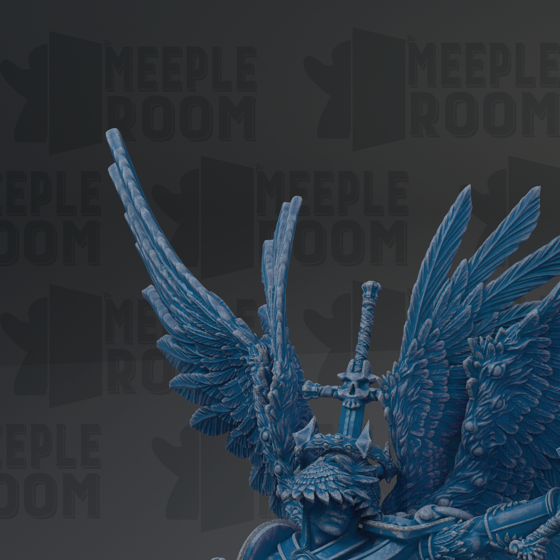 A detailed sculpture of a winged creature with a skull-like headpiece, set against a dark background with repeated text.