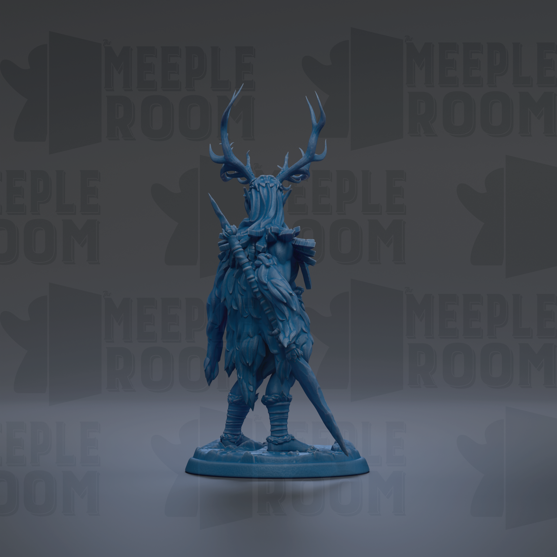 A blue figurine of a fantastical creature with antlers and a long tail, standing on a base and holding a weapon.
