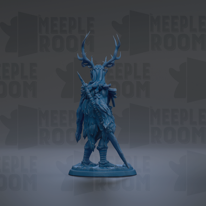 A blue figurine of a fantastical creature with antlers and a long tail, standing on a base and holding a weapon.