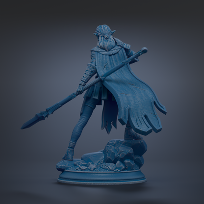 A 3D rendering of a warrior figure holding a spear and standing on a rocky base.