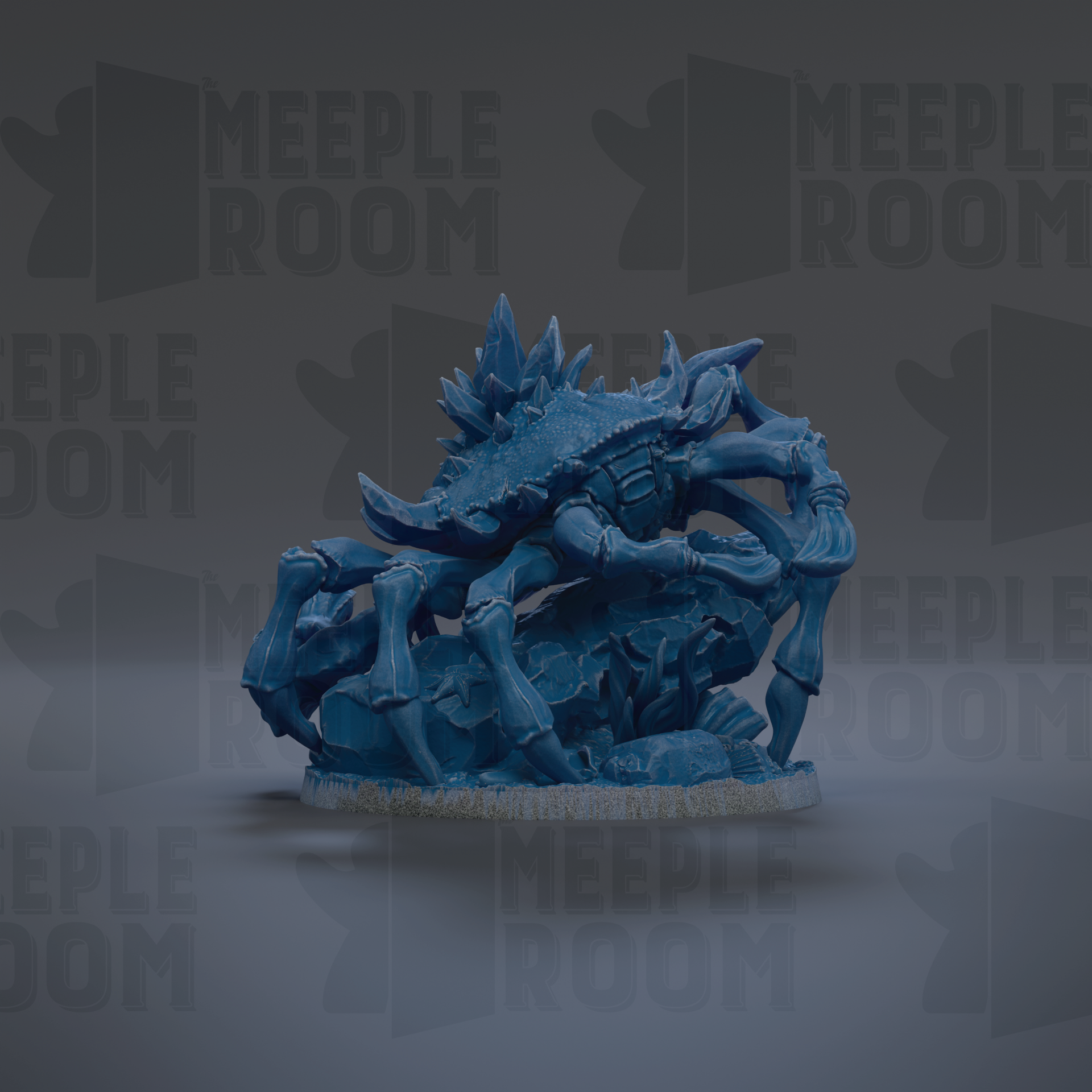A blue, 3D-rendered creature resembling a crab or lobster, with sharp claws and spikes, is the central focus of the image.