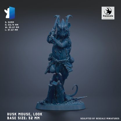 a detailed statue of a mouse-like creature with horns and a long tail, standing on a rock formation. The statue is blue in color and appears to be made of a material that resembles stone or concrete. The image is described as a sculpture of a mouse-like creature, and it is shown in a close-up view. The base size of the statue is 32 millimeters.