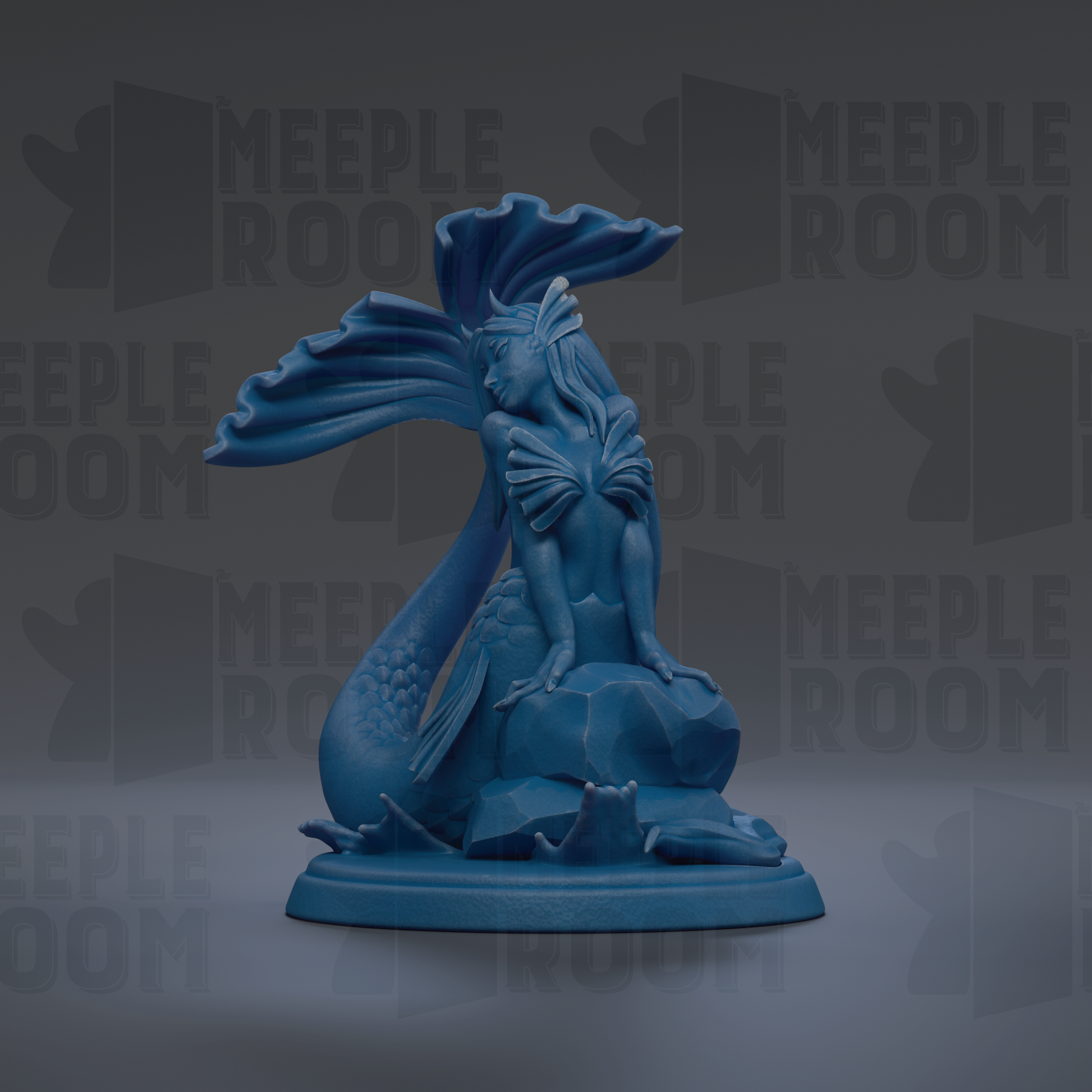 A blue mermaid figurine is displayed against a dark background with repeated text.