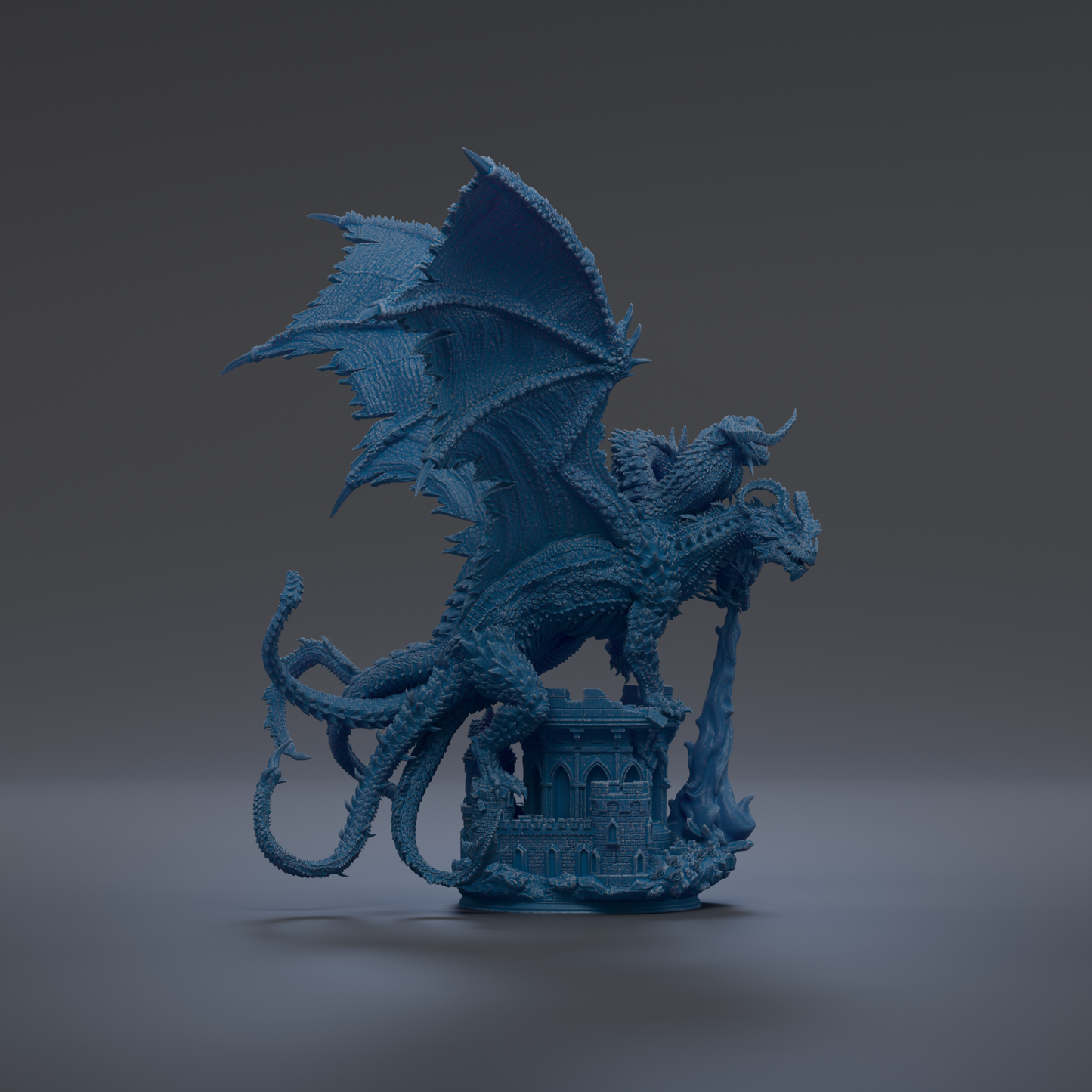 A 3D rendering of a blue dragon statue with wings spread, standing on a small castle-like structure.