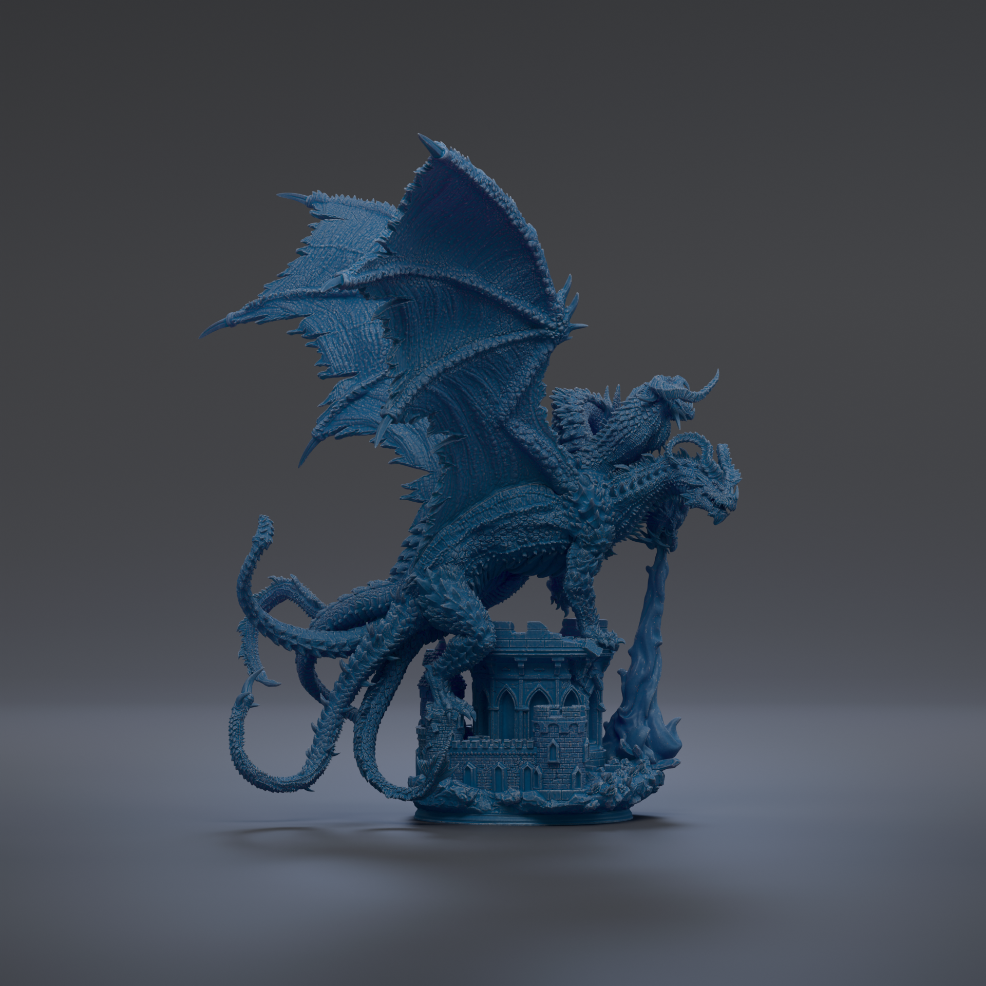 A 3D rendering of a blue dragon statue with wings spread, standing on a small castle-like structure.