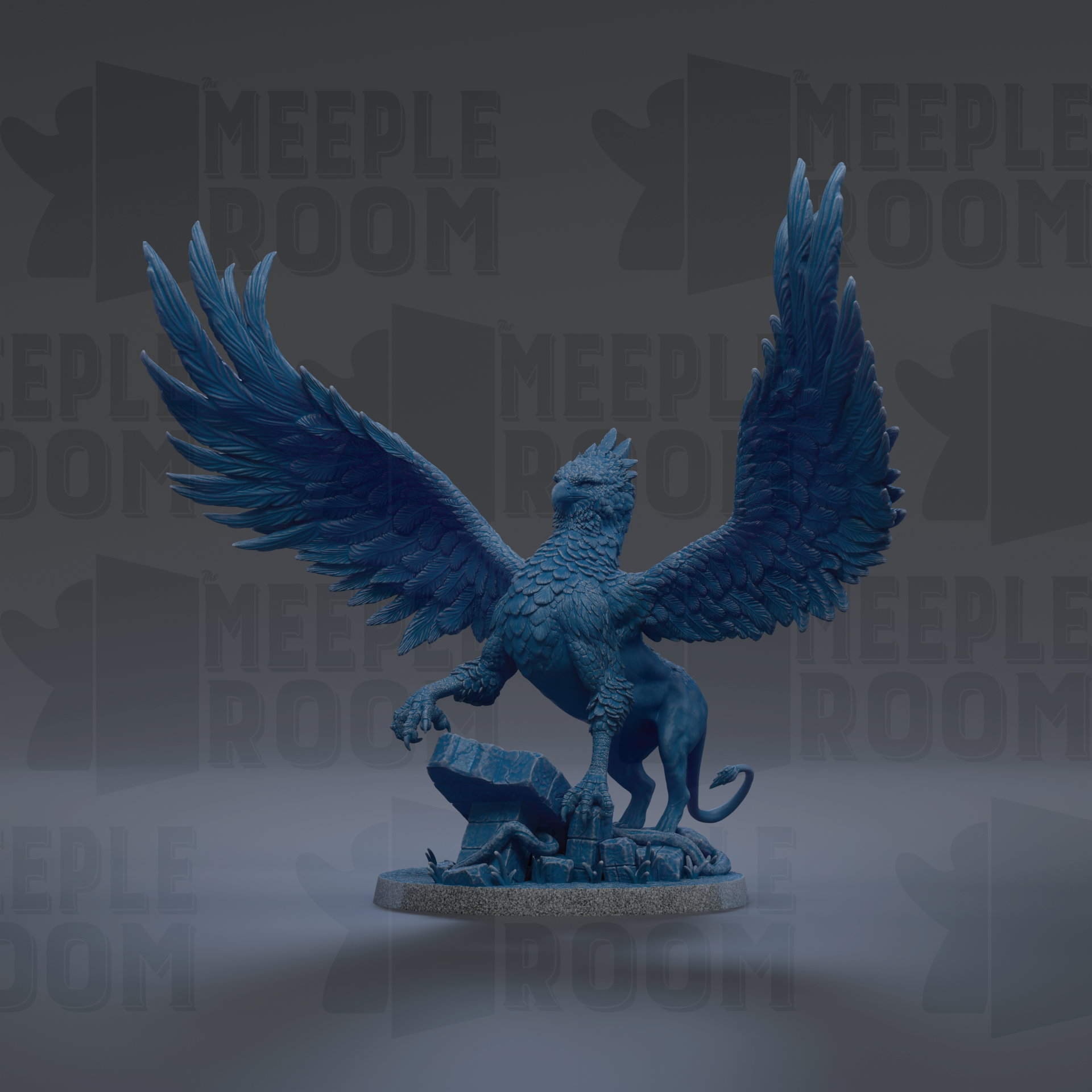 A blue statue of a winged creature with sharp talons, standing on a pedestal and facing to the right.
