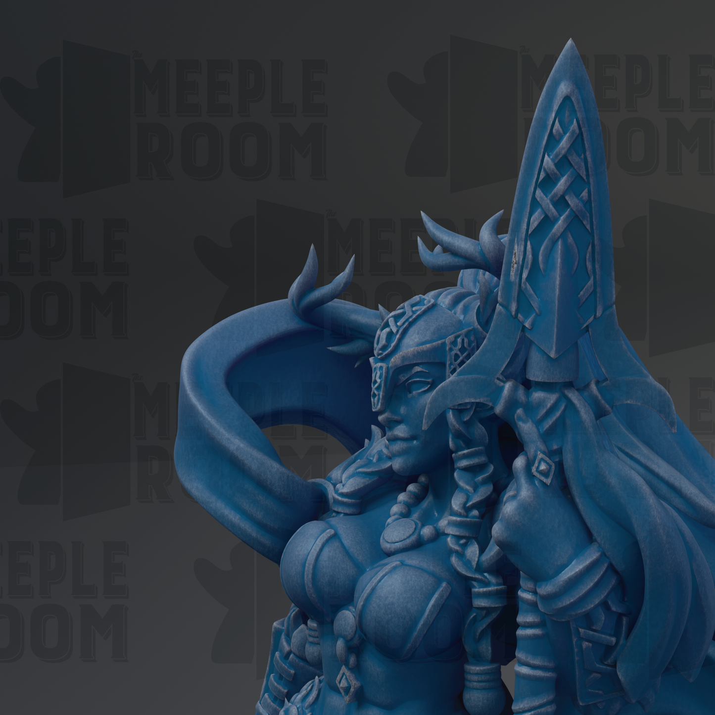 A close-up of a blue, fantastical female figure with intricate details and a flowing, ornate headdress.