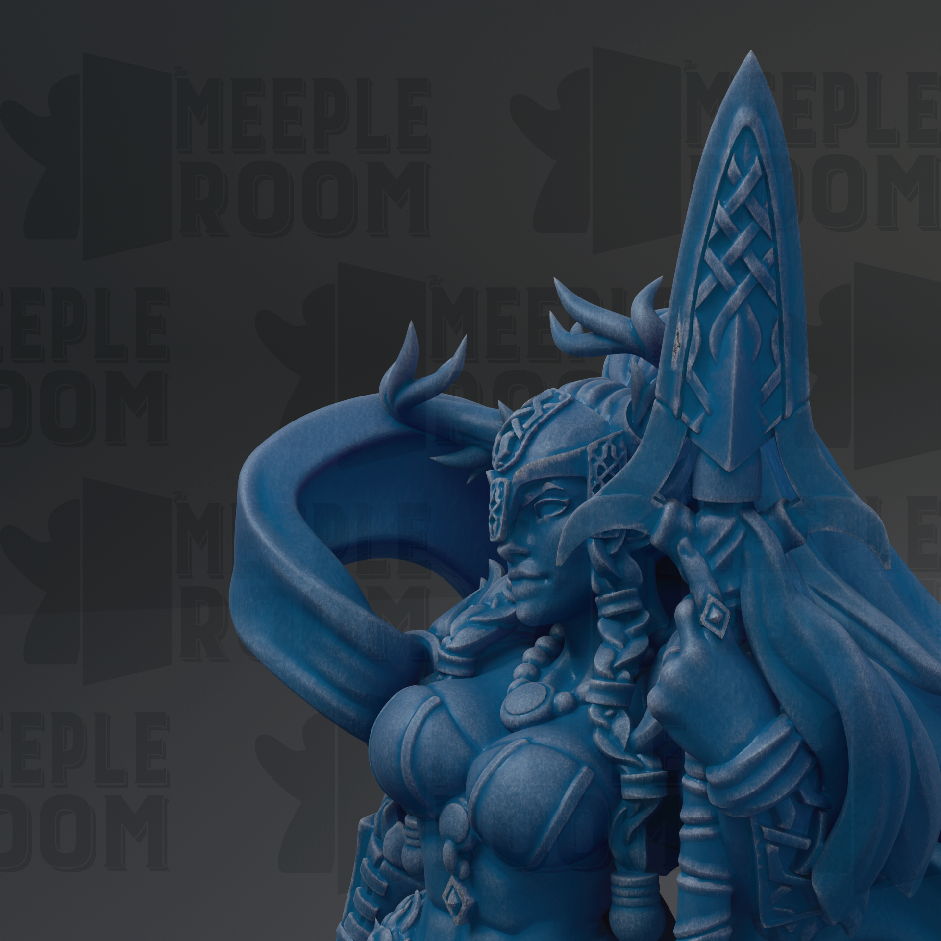 A close-up of a blue, fantastical female figure with intricate details and a flowing, ornate headdress.