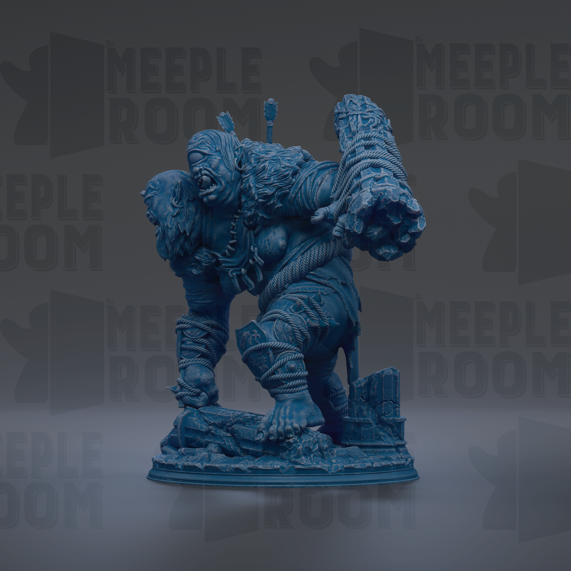 A blue, 3D-rendered statue of a fantastical creature, possibly a monster or a dragon, standing on a base and holding a large object in its hands.