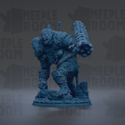 A blue, 3D-rendered statue of a fantastical creature, possibly a monster or a dragon, standing on a base and holding a large object in its hands.