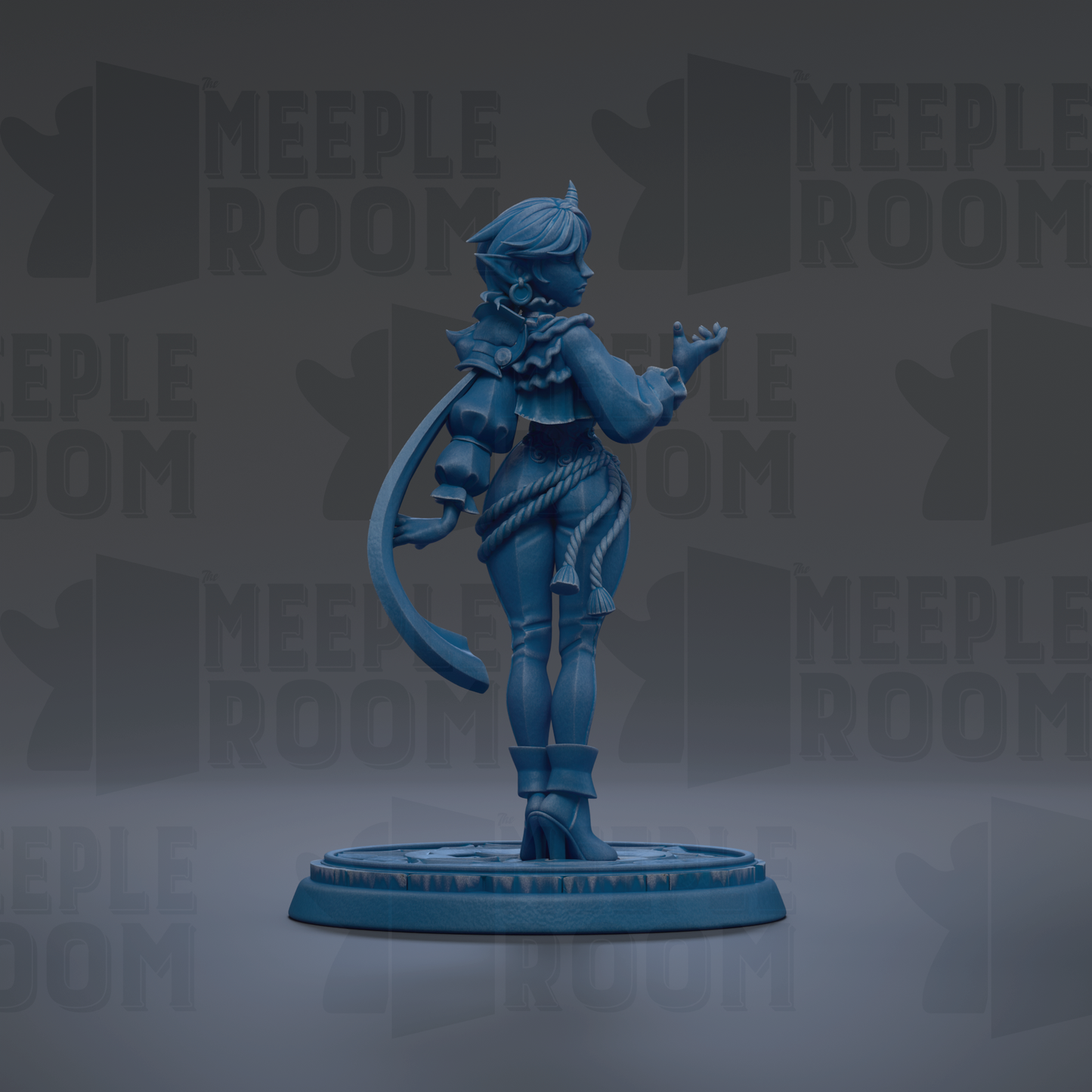 A blue figurine of a person standing on a platform against a dark background with repeated text.