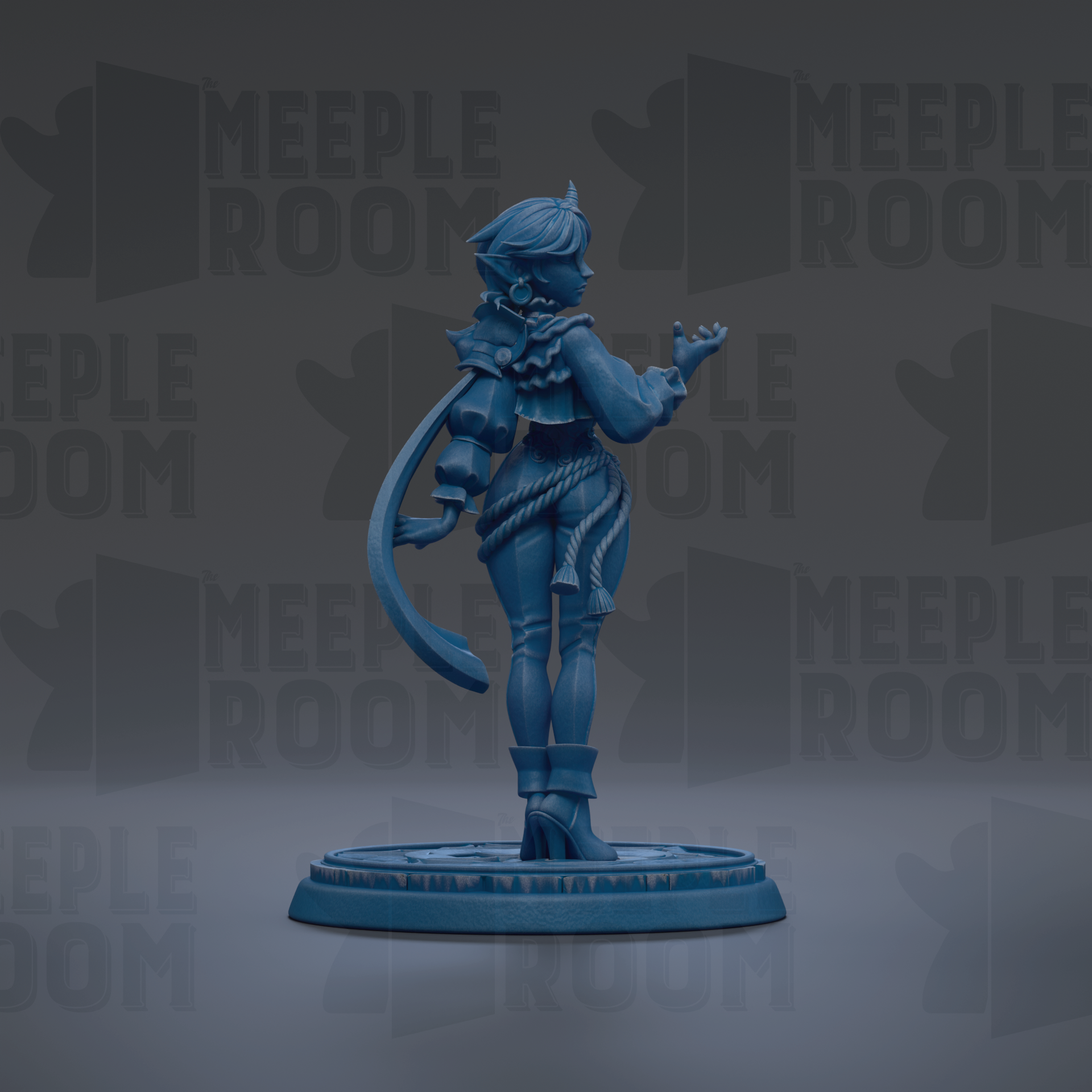 A blue figurine of a person standing on a platform against a dark background with repeated text.