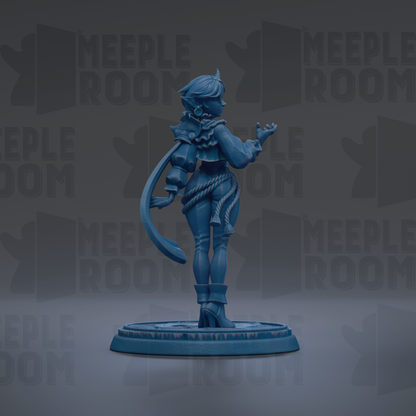 A blue figurine of a person standing on a platform against a dark background with repeated text.