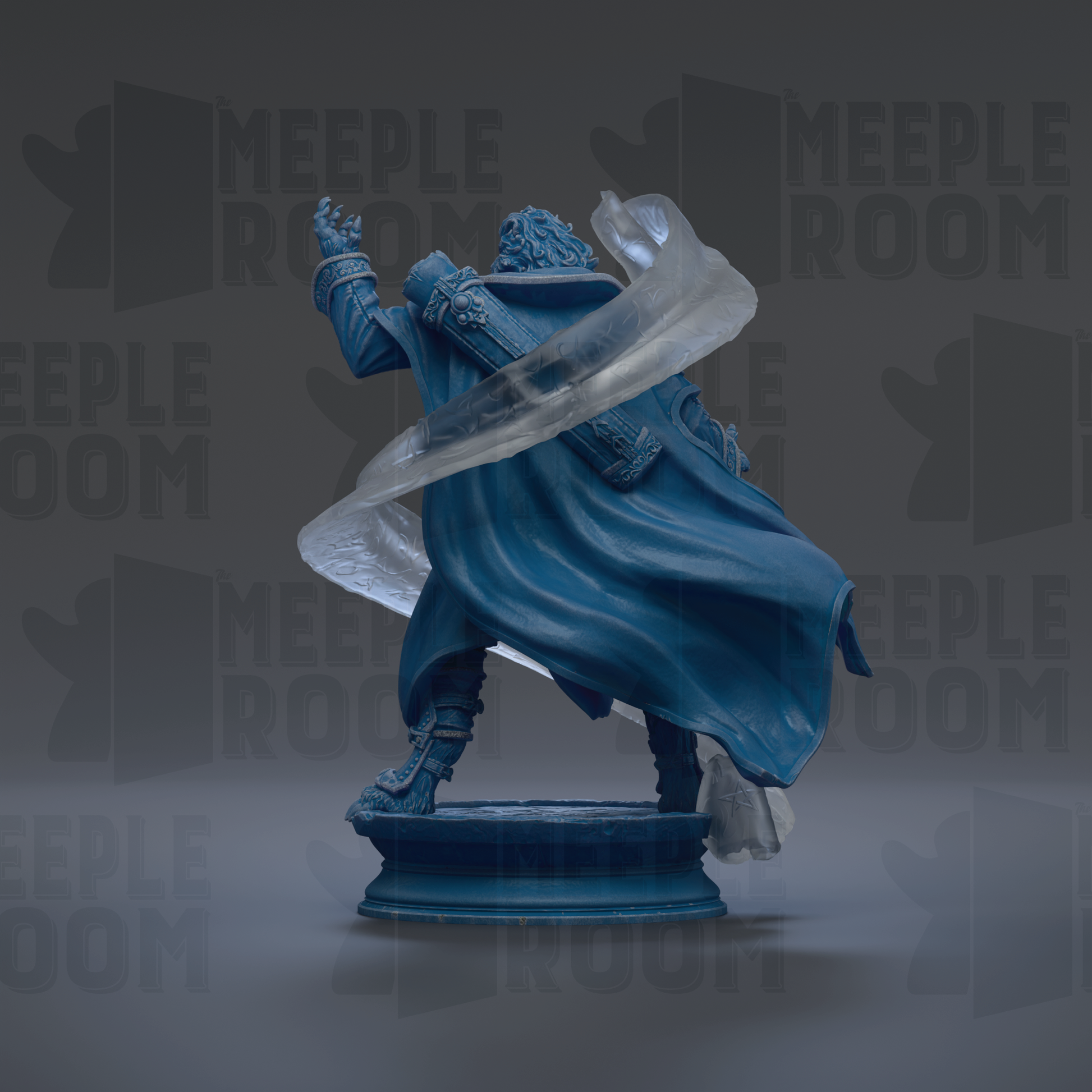 A blue statue of a person with a flowing cape and a sword, standing on a pedestal against a dark background with repeated text.