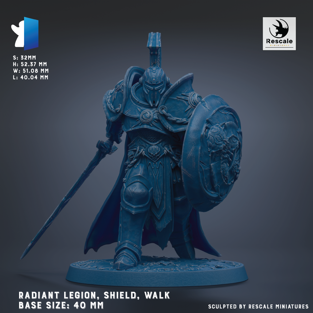 a detailed, blue-colored statue of a warrior standing in a fighting stance, holding a shield and sword. The statue is of the radiant legion, with a shield and a sword as its primary weapons. The base sizes of the statue are 40 mm in length and 10 mm in width. The statue is sculpted by Rescue miniatures, as indicated by the text at the bottom of the image.