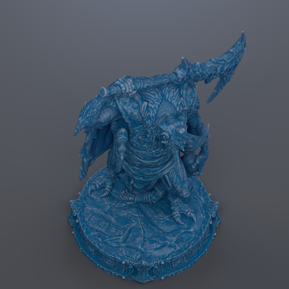 A 3D rendering of a blue, fantastical creature with intricate details and a large, curved weapon.