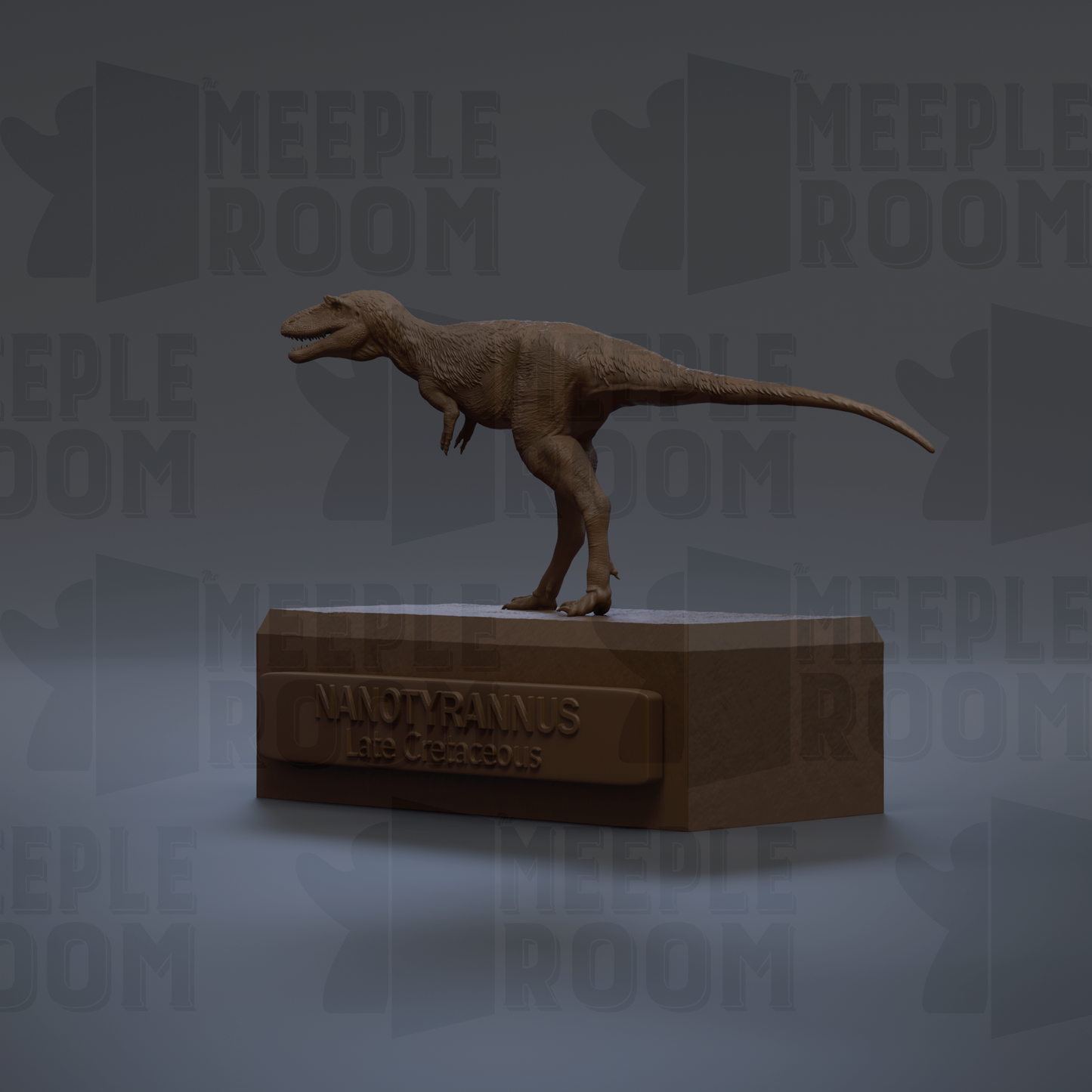 a 3D rendering of a dinosaur, specifically a T-Rex, standing on a pedestal.
